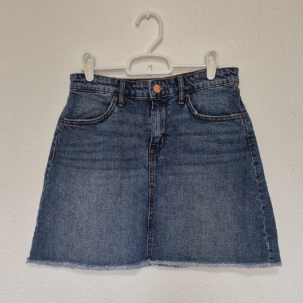 Blue Denim A-Line Skirt with Pockets &  Frayed Hem